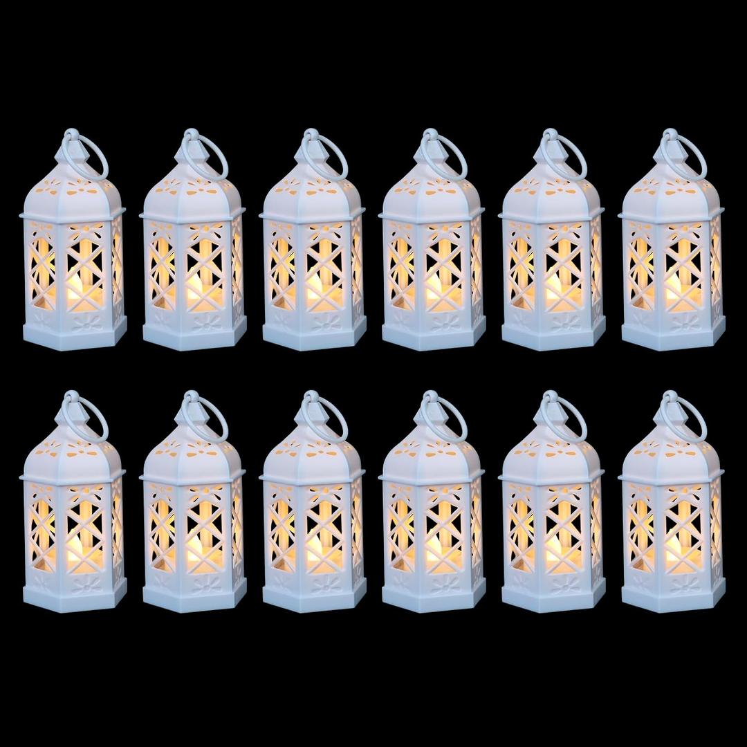 12-Pack Mini Moroccan Lanterns with LED Candle for Ramadan, Wedding, Festivals, Small Decorative Lanterns Shatterproof for Baby Shower & Table Centerpiece, Ornament, Party Decor, White
