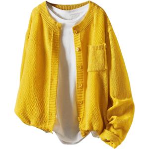 Women's Drop Shoulder Long Sleeve Cardigan Sweater Button Up Pocket Front Cardigans Lightweight Knit Tops Yellow X-Large