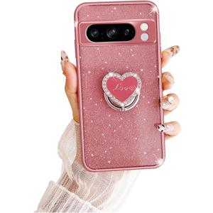 for Google Pixel 8 Pro Case,Clear Cute Glitter Bling 3-Layer Sparkle Protective Case with Ring Pretty Kickstand, Women Girls Girly Phone Case for Pixel 8 Pro (Rose)