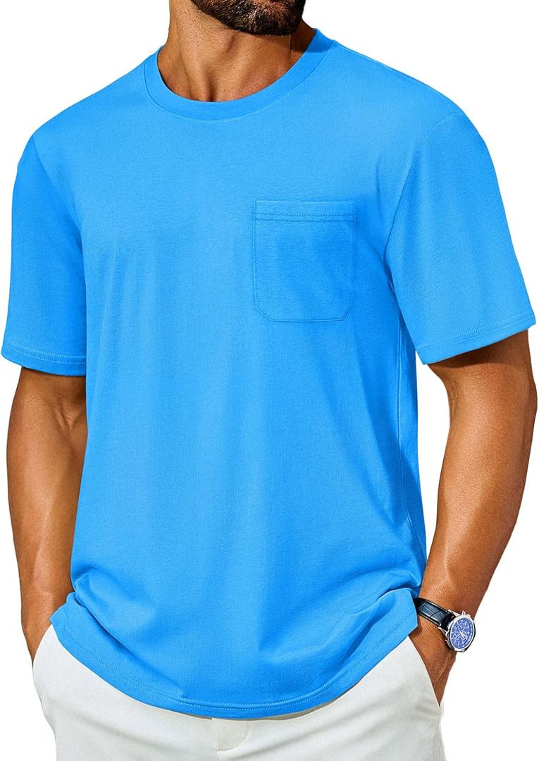 Cotrasen Mens T-Shirts Cotton Short Sleeve Pocket Tee Shirt Casual Crew Neck Moisture Wicking Soft Basic T Shirts (XX-Large, Azure)