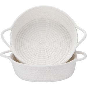 Sea Team 2-Pack Cotton Rope Baskets, 10 x 3 Inches Small Woven Storage Basket, Fabric Tray, Bowl, Round Open Dish for Fruits, Jewelry, Keys, Sewing Kits (White)