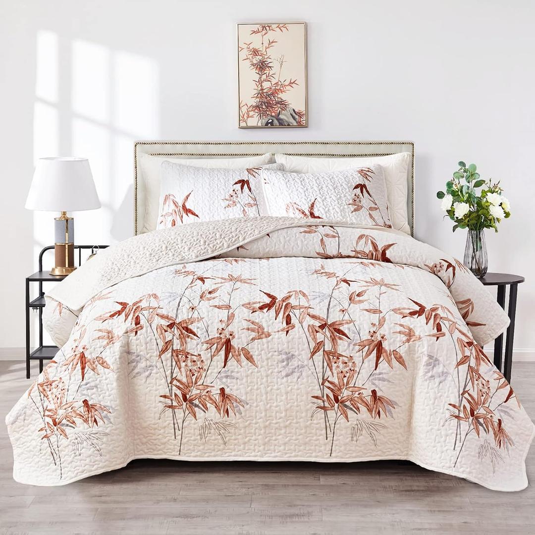 Botanical Quilt Set 3 Pieces King, Burnt Orange Leaves on White Design Reversible Bedspread Coverlet Set, Soft Microfiber Lightweight Bed Cover for All Season (102" x 90", 1 Quilt+ 2 Pillow Shams)