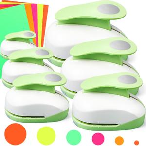 Chengu 6 Pcs Circle Punch Set 3in/2in/1.5in/1in/0.6in/0.3in Scrapbook Hole Punchers Crafting with 10 Sticker Paper Round Cutter Scrapbook for Office Supplies DIY Albums Photos (Green)