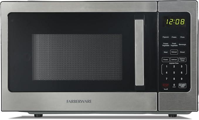 Farberware Stainless Steel Microwave Oven 0.9 cu. ft. 900 Watts, Countertop
8 Auto Cook Presets, 10 Power Levels, Defrost Options, Express Cook, +30 Second Function, LED Display, Child Safety Lock