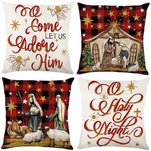 Heirloom Haven 4pcs Christmas Pillow Covers 18x18in O Holy Night Jesus Buffalo Plaid Stars Throw Pillow Covers Xmas Winter Holiday Seasonal Cushion Case Decorations for Farmhouse Couch Sofa Home Decor Heirloom Haven 4pcs Christmas Pillow Covers 18x18in O Holy Night Jesus Buffalo Plaid Stars Throw Pillow Covers Xmas Winter Holiday Seasonal Cushion Case Decorations for Farmhouse Couch Sofa Home Decor