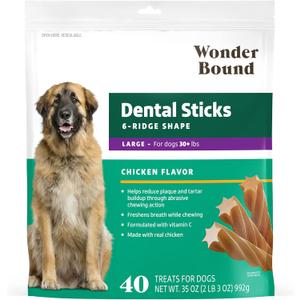 Amazon Brand - Wonder Bound Chicken Flavor Dental Sticks for Large Dogs (Over 30 lbs), 6-Ridge Shape for Plaque & Tartar Control, Freshens Breath, Made With Real Chicken, 40 Count (Pack of 1) (EXP 05/22/27)