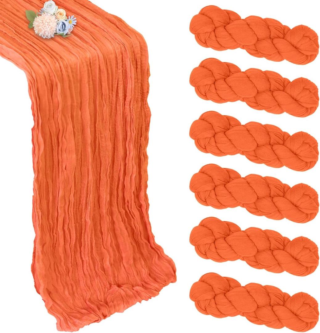 6 Pack Orange Table Runner 10ft Boho Gauze Fabric Cheesecloth Table Runner 35 x 120 Inch Rustic Sheer Runner for Holiday Baby Shower Home Dcor Party Wedding Decoration