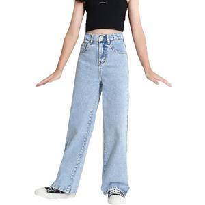 Verdusa Girl's Casual Elastic High Waist Wide Leg Denim Pants Jeans Light Blue 140