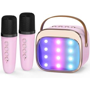 FLUESTON Mini Karaoke Machine for Kids Adults, Portable Bluetooth Speaker with 2 Wireless Microphones, Toys for Girls Ages 3, 4, 5, 6, 7, 8, 9,10,11+ Years Old, Birthday Easter Basket Stuffer for Kids