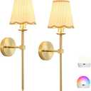 Boho Battery Operated Wall Sconce Set of 2, Gold Wireless Rechargeable Wall Lights with Rattan Shade, 12 RGB and 3CCT Dimmable Cordless Wall Lamps with Remote for Bedroom Living Room