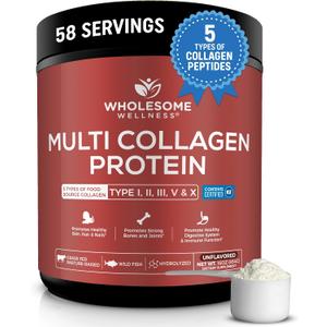 Wholesome Wellness Premium Multi Collagen Peptides Protein Powder for Women and Men, 5 Types of Hydrolyzed Collagen, Grass-Fed, Non-GMO & Unflavored, Pure Protein for Youthful Skin & Joint Recovery