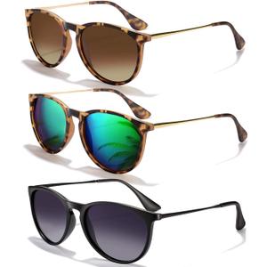 CHBP Sunglasses Womens Men Polarized UV Protection Trendy Vintage Retro Round Mirrored Lens Sunglasses For Women (A-3pack-leopard Frame Green Lens+black Frame Gradient Grey Lens+leopard Frame Brown Lens)