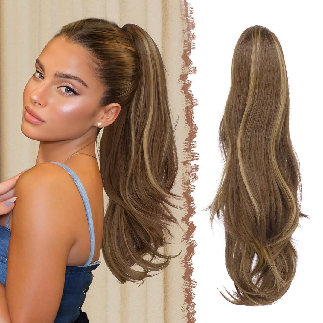 FESHFEN Drawstring Ponytail Extension, Natural Long Wavy Layered Synthetic Pony Tails Honey Blonde Mixed Light Brown Hair Extensions Hairpieces for Women, 20 inch