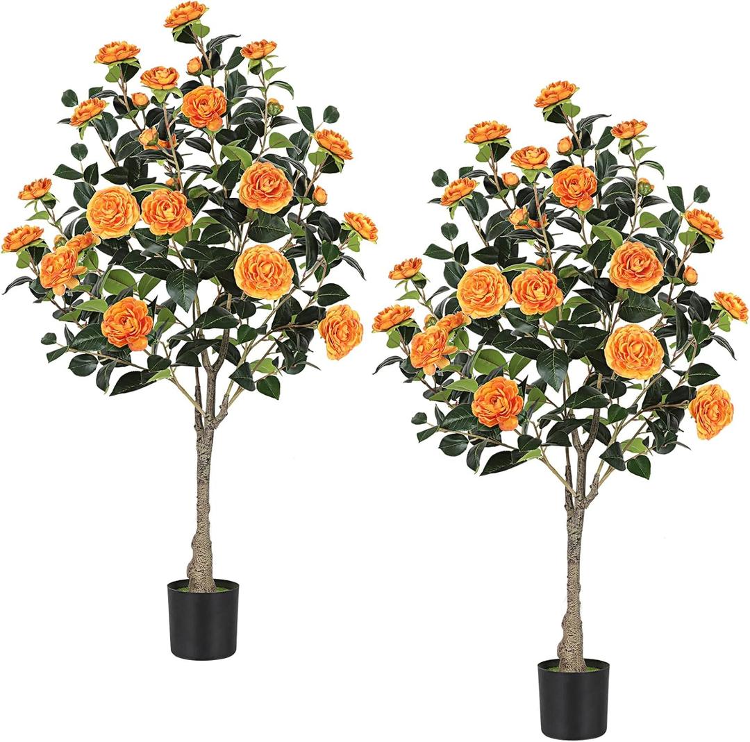 4FT Artificial Camellia Tree, 2 Pack Faux Camellia Plant with Planter, Realistic Fake Potted Plants with Flowers and Planters for Indoor Outdoor Home Office Porch Decor, Orange