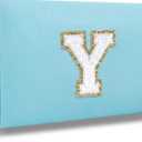 Small Personalized Letter Makeup Bag, Cute PU Leather Chenille Letters Cosmetic Bag Travel Makeup Pouch, Preppy Travel Organizer Zipper Pouch for Women&GirlsBlue-Y