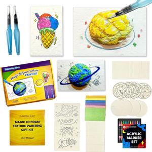 Magic 3D Foam Texture Painting Kit, 28 Foam Texture Papers, 12 Colors Brush Tip Acrylic Paint Pens, Puffy Paint DIY Bubble Drawing Art Supplies