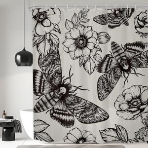 LGhtyro Gothic Skull Shower Curtain Bathroom Set 71Wx84H Inches Extra Long Death Head Moth Scary Halloween Flower Botanical Butterfly Bath Accessories Mysterious Art Home Decor Fabric 12 Pack Hooks