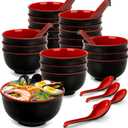 20 Pack Miso Soup Bowls with Spoons, 16 Oz Japanese Melamine Noodle Bowl Unbreakable Miso Soup Cereal Bowls or Ramen, Udon, Soba, Pho (Black/Red)