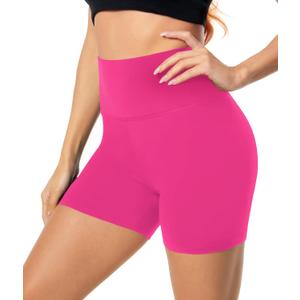 FULLSOFT High Waisted Biker Shorts for Women-5" Tummy Control Fitness Athletic Workout Running Yoga Gym Shorts (Large-X-Large, Rose Red)