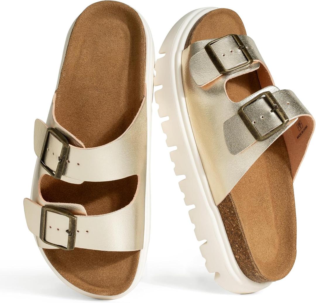 Platform Sandals for Women – Genuine Leather Chunky Wedge Slides with Cork Footbed, Arch Support Comfortable Summer Sandals 2026