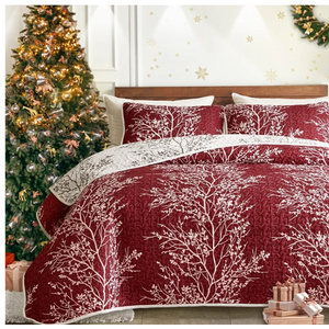 UOZZI BEDDING 3 Pieces Quilt Set Burgundy Red Branch King Size 102x88 Soft Microfiber Lightweight Coverlet Christmas Bedspread Summer Comforter Set Bed Cover for All Season (1 Quilt+ 2 Shams)