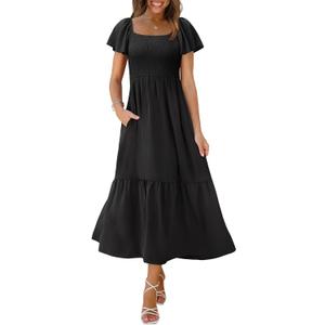 OFEEFAN Summer Dresses for Women Square Neck Ruffle Sleeve Smocked Maxi Dress with Pockets (XX-Large)