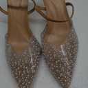 ATBELL Women's Clear Slingback Heels Pointed Toe Pearl Kitten Heel Pumps Sparkly Rhinestone Heeled Sandals Slip On Wedding Party Shoes Beige Size 8
