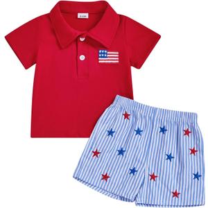 Kayotuas 4th of July Baby Boy Outfit Toddler USA Flag Polo Shirts Gingham Plaid/Stripes Shorts Set Independence Day Clothes (Red)