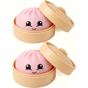 2Pcs Mystery Pink Dumpling Squishies with Steamer Box,Soft Stretchy Bao Bun Stress Relief Balls,Sensory Fidget Squeeze Toys for Anxiety Relief,Decompression Desk Toys