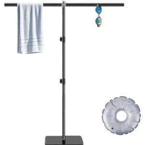 T-Shaped Pool Towel Rack Outdoor Standing Towel Holder for Beach,Swimming Pool Accessories,Heavy Duty Metal Patio Towel The Stand is Equipped with A Circular Water Weight Bag (Black)