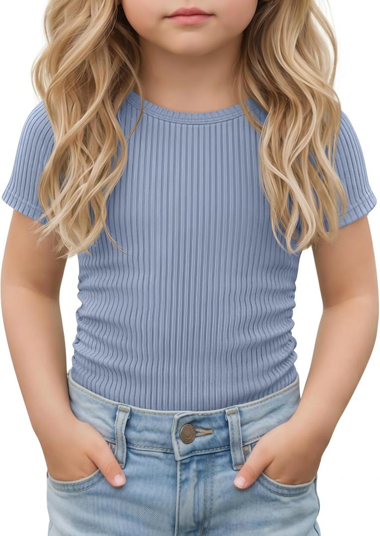 Toddler Girls Short Sleeve Cute Tops | Ribbed Knit, Crew Neck, Slim Fit, Summer, Basic, Soft, School Outfit, Trendy, Ages 18M-5T, Solid Colors