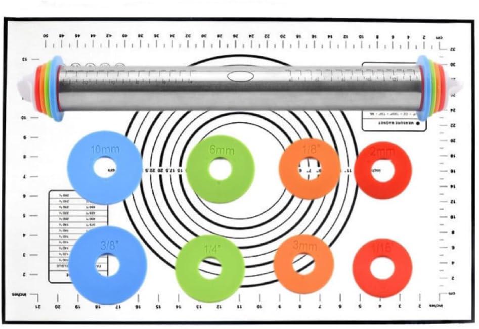 Rolling Pin and Silicone Baking Pastry Mat Set, Stainless Steel Dough Roller with Adjustable Thickness Rings, for Pizza, Pie, Pastries, Pasta, Cookies (Black)