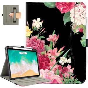 for iPad Air 11 Inch Case M4/M3/M2 2026/2025/2024, Black Flower for iPad Pro 11 Inch Case 4Th/3Rd/2Nd/1St Generation, for iPad Air 5Th/4Th Gen Cases 10.9 Inch Pencil Holder/Hand Strap/Pocket