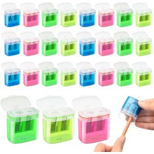 24 Pcs 2 Holes Small Manual Pencil Sharpener with Lid, Colored Handheld Dual Hole Pencil Sharpeners Bulk, Crayon Colored Pencils Sharpener, Pencil Sharpener for Kids, Office, School, Classroom
