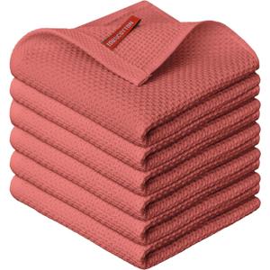 Artoid Mode 100% Cotton Red Waffle Weave Kitchen Dish Cloths, 12x12 Inch Ultra Soft Absorbent Quick Drying Kitchen Dish Towels Set of 6