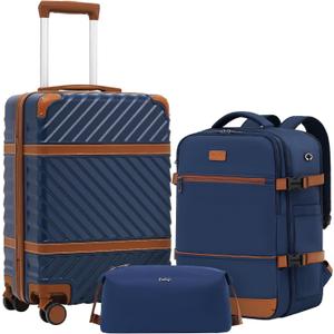 Coolife Luggage Set Suitcase Carry On Luggage PC Hardshell Luggage TSA Lock Spinner Wheels Telescopic Handle (3 piece set (BP/TB/20), Navy)