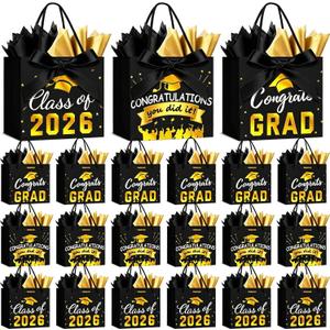 FlorWave 45 Pack Graduation Gift Bags 2026 Small Graduation Congrats Bags Bulk 5.5 x 4.7 x 2.5 Inch with Bow Ribbon and Tissue Papers for College High School Grad Party Supplies(Black and Gold)