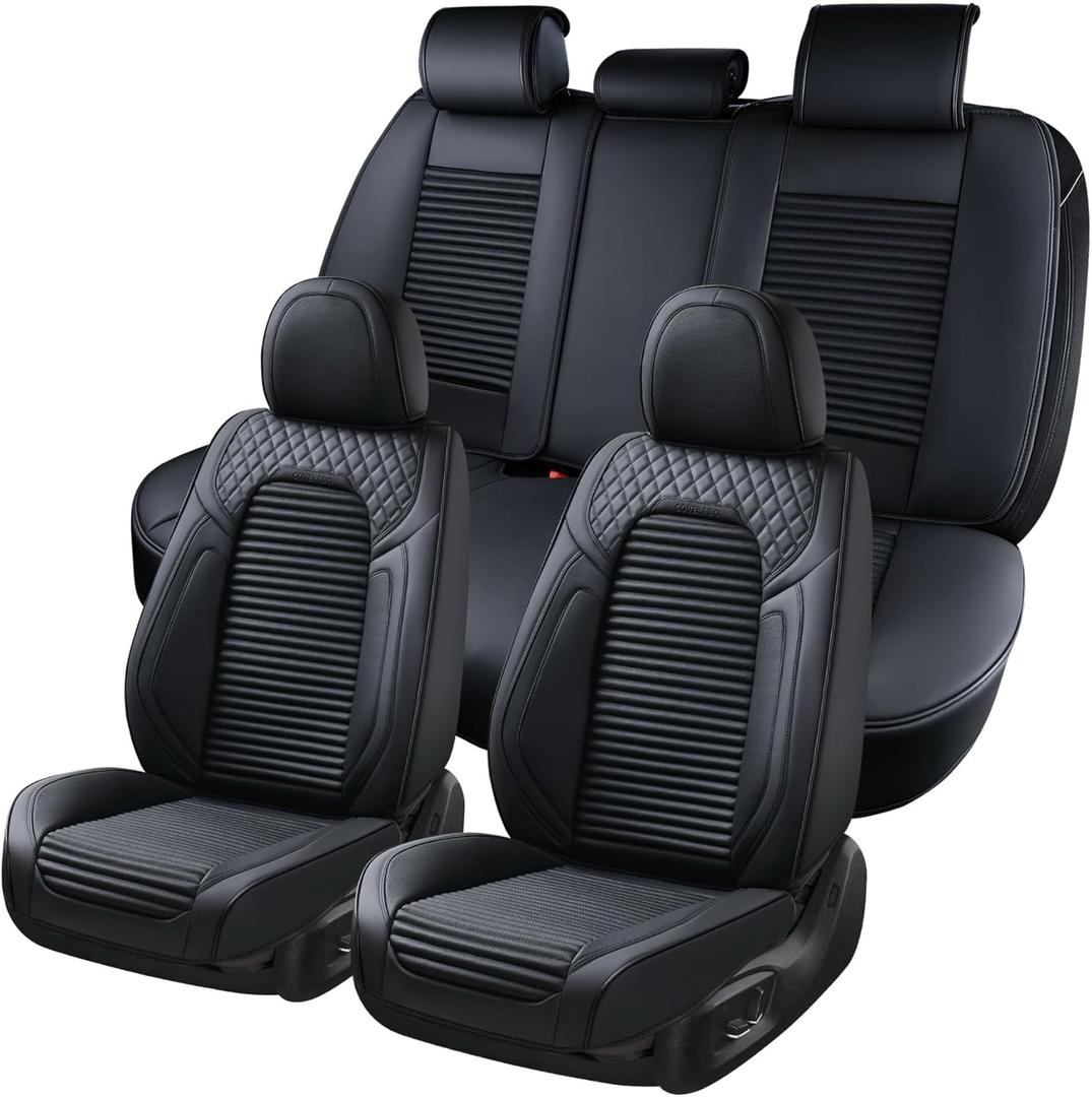 Coverado Car Seat Covers Full Set, Leather Seat Covers for Cars, Waterproof Front and Rear Automotive Seat Cover Car Accessories Universal Fit for Most Cars SUV Trucks (Black)
