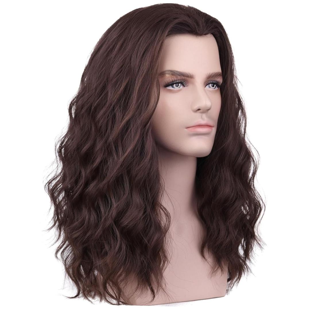 BERON Mens Brown Long Wigs With Halloween Cosplay Costume Party Wig Curly Middle Part Hair Wigs