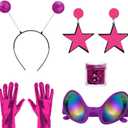 5 Pcs Alien Costume with Antenna Headband Glasses Silver Gloves Earring Face Glitter for Space Halloween Costume