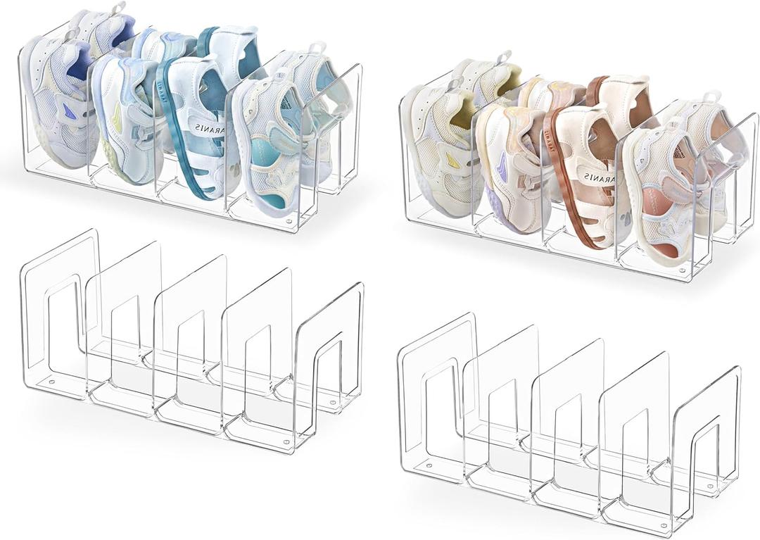 HBlife Clear Acrylic Kids Shoe Rack for Closet Organizers and Storage, Small Shoe Rack 4 Sections Toddler Baby Shoe Storage Organizer Stackable Shoe Shelf,Desk File Sorter Book Purse Organizer(4 Pack)
