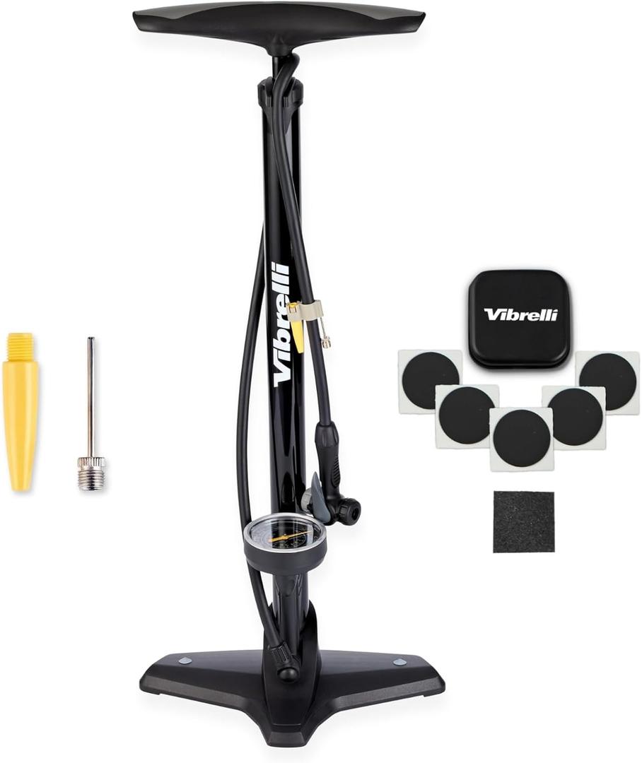 Vibrelli Vibrelli Bike Floor Pump with Gauge - High Pressure 160 PSI - Presta Valve Bike Pump Automatically Switches to Schrader - Bicycle Pump Comes with Glueless Puncture Kit (Large, Black)