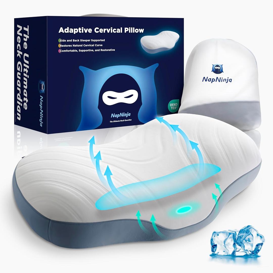 Napninja Adaptive Cervical Neck Pillow for Neck Pain Relief, Premium Pillow SKINFOAM, Ergonomic, Supportive, Cooling Fabric, Reduces Neck Fatigue (Blue&White)