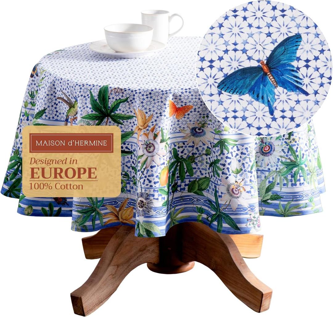 Maison d' Hermine Table Cloth Round Table 100% Cotton 69 Round Inches Tablecloth Reusable Decorative for Dining Kitchen Room Farmhouse Home Gifts for Mothers Day Spring Summer - Passiflora