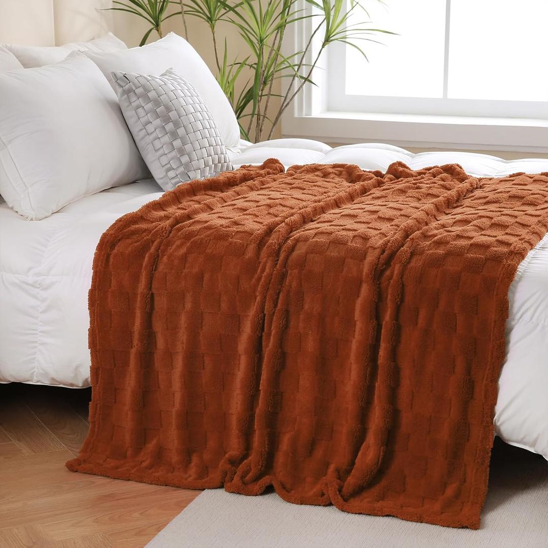 Burnt Orange Fleece Throw Blanket 6080 for Couch Sofa Bed,Super Soft Cozy Plush Microfiber Flannel Blanket with 3D Checkered Design Lightweight for Adults,Woman,Girls