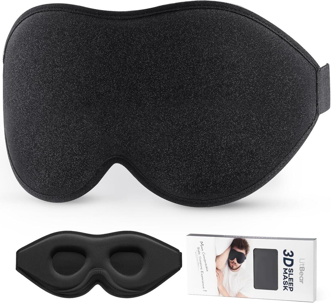 LitBear Sleep Mask for Side Sleeper Women Men, Eye Mask for Sleeping Light Blocking, 3D Contoured Cup Sleeping Mask, Soft Breathable Sleep Eye Mask with Adjustable Elastic Strap for Flight Nap (Black)