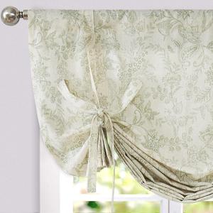 jinchan Linen Tie Up Valance Curtain 45 Inches Floral Printed Valance for Windows Adjustable Window Treatments Tie-up Shade for Living Room Farmhouse Rod Pocket 1 Panel Sage on Beige