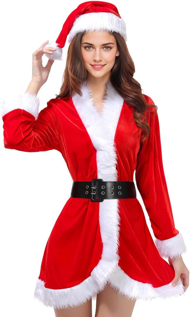 Santa Claus Costume Womens Santa Suit Christmas Fancy Dress Costume with Dress Belt and Hat One Size - 3 Pieces