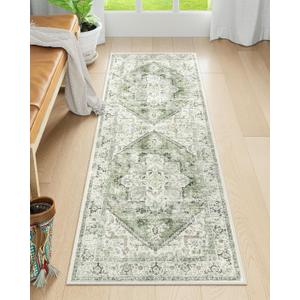 LIVEBOX Washable Runner 2x6 - Vintage Tribal Kitchen Rug, Long Entryway, Low-Pile for Bedroom, Non-Skid Soft Carpet Throw for Bathroom Laundry Room Hallway Sage