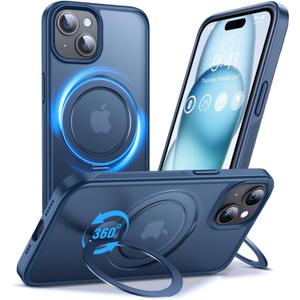 Anqrp 360 All-in-ONE Stand Case for iPhone 15 Case with Rotatable Magnetic Kickstand Ring Holder, Compatible with MagSafe, MIL-Grade Shockproof iPhone 15 Phone Case Cover 6.1" Blue